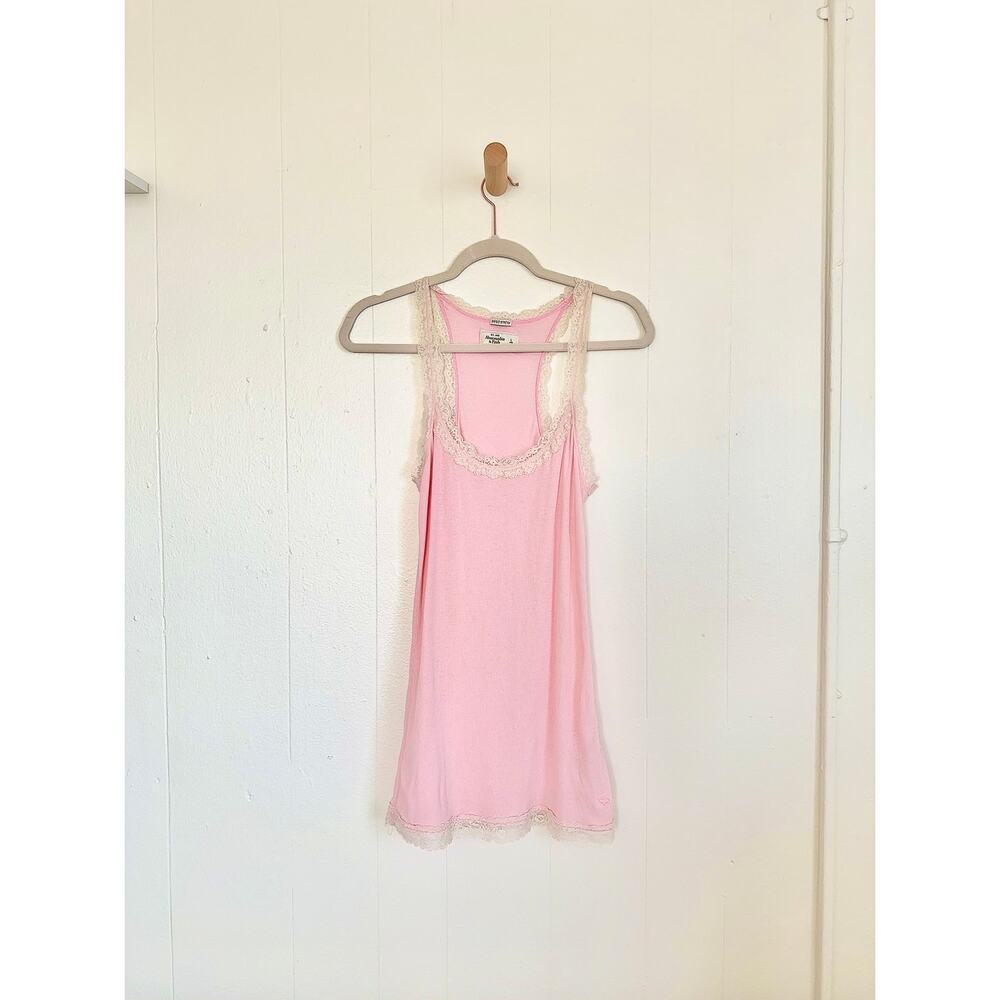 Vintage Y2K Abercrombie & Fitch Pink Ribbed Lace-Trim Henley Tank Dress L EUC - Picture 1 of 8